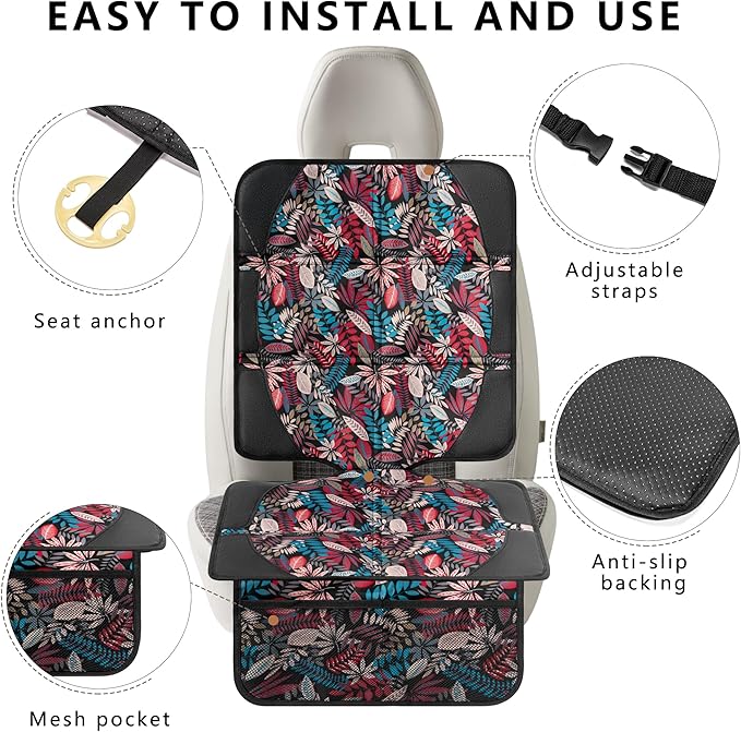 Car Seat Protector for Child Car Seat, 2 Pack Baby Car Seat Covers with Mesh Pockets & Non-Slip Backing 600D Durable Seat Protector Under Baby Car Seat for Car Back Seat (Red Leaves, Large)-BubblyBeeBaby