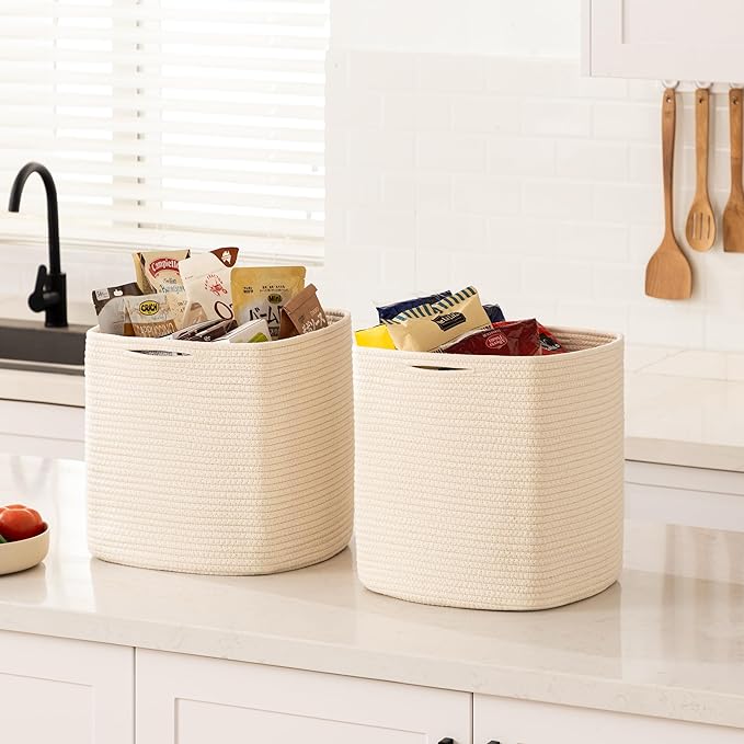 joybest Cube Storage Bins Set of 4, 13inch Cube Baskets Organizer for Nursery, Square Cotton Rope Baskets for Shelves Organizing, Kids Toy, Closet Storage, Beige-BubblyBeeBaby