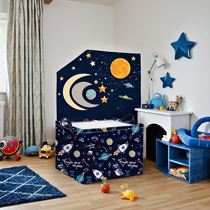 HIYAGON Rectangular Space Basket for Boys Baby Storage Basket Storage Bin Organizer Box Room Decor(Rocket Planet)-BubblyBeeBaby