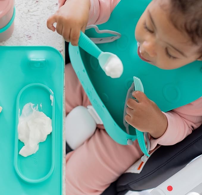 BUSY BABY Bungee Bib & Utensil Set – Adjustable Silicone Bib with Pocket & Tethered Utensils for Babies & Toddlers-BubblyBeeBaby