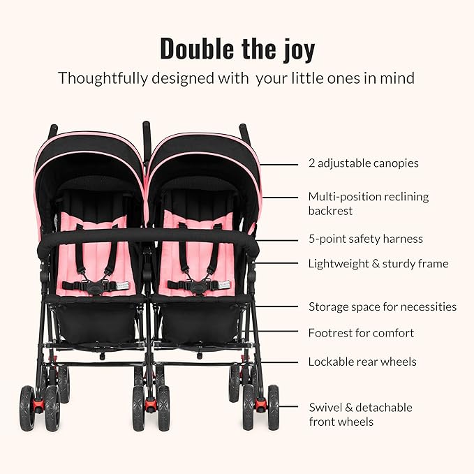 Dream On Me Volgo Twin Umbrella Stroller in Pink, Lightweight Double Stroller for Infant & Toddler, Compact Easy Fold, Large Storage Basket, Large and Adjustable Canopy-BubblyBeeBaby