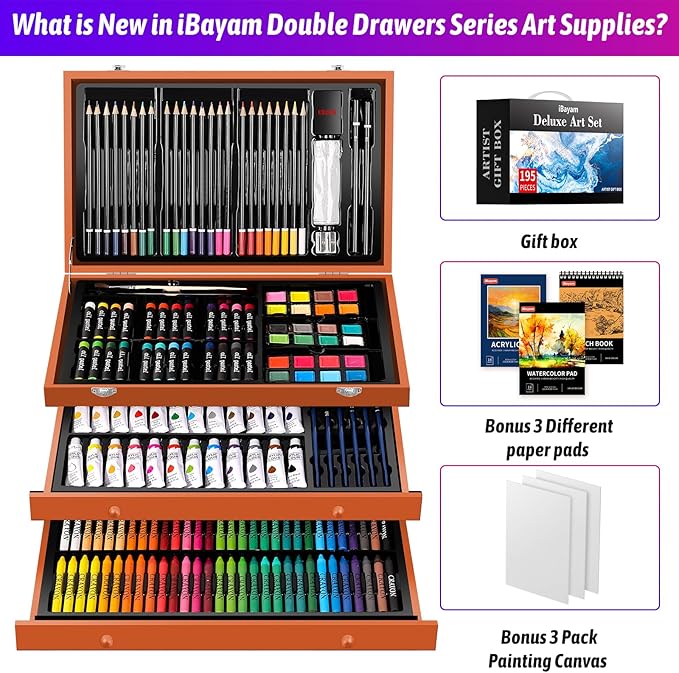 iBayam Deluxe Art Set, 195-Pack Artist Gift Box, Arts and Crafts Drawing Painting Kit Art Supplies for Adults Kids, Art Kits Paint Set with 24 Acrylic Paint, Sketchbook, Canvases, Crayons, Pencils-BubblyBeeBaby
