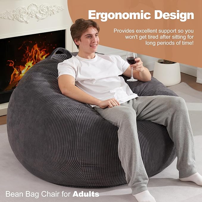 Homguava 3.5FT Bean Bag Chair: Teardrop Bean Bags with Memory Foam Filled, Compact Beanbag Chairs Soft Sofa with Corduroy Cover (Grey)-BubblyBeeBaby