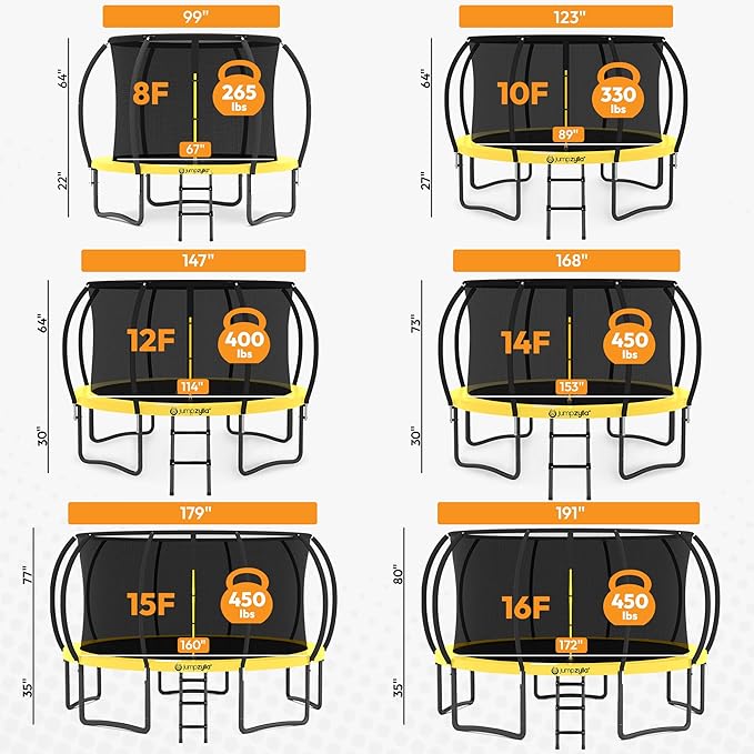 JUMPZYLLA Trampoline Outdoor 8FT 10FT 12FT 14FT 15FT 16FT with Enclosure and Ladder, ASTM Approved Recreational Trampoline for Kids and Adults, Anti-Rust Coated Frame-BubblyBeeBaby