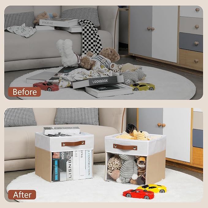 HNZIGE 11 Inch Foldable Fabric Storage Cubes - Clear Bins for Shelves, Canvas Cube Organizer Bins (White Beige 6 PCS)-BubblyBeeBaby
