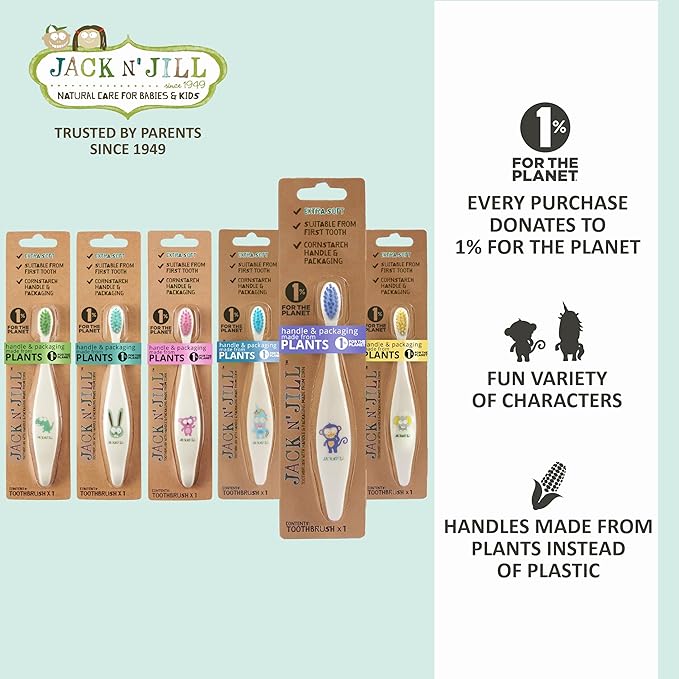Jack N' Jill Baby & Toddler Toothbrush - 12 Months & Up, Age 2-4, Natural, Soft, Non Toxic, Cornhusk Handle, Kids Toothbrushes for Girls & Boys - Assorted Characters (4 Pack)-BubblyBeeBaby