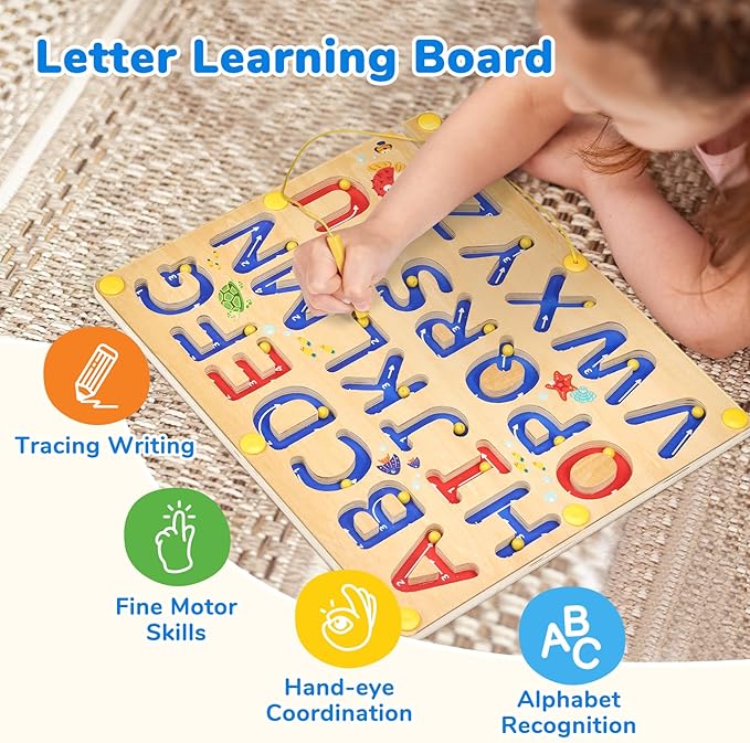 JoyCat Magnetic Letter Tracing Board, Wooden Alphabet Tracing Board for Toddlers ABC Magnets Letter Writing Practice, Magnetic Maze Preschool Learning Educational Toys for Kids 3-5-BubblyBeeBaby