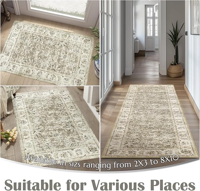 jinchan Hallway Runner Rug 3x10 Washable Runner - Vintage Floral Non Slip Low-Pile Soft Thin Faux Wool Kitchen Rug Distressed Carpet for Farmhouse Bedroom Laundry Room(3x10ft,Taupe)-BubblyBeeBaby