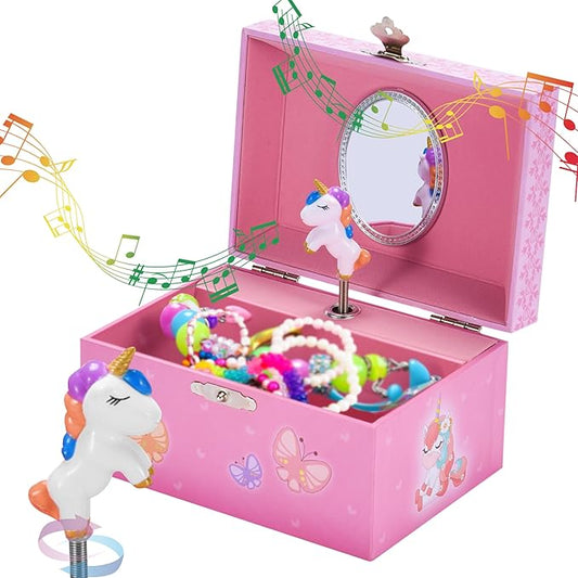 Jewelkeeper Unicorn and Butterfly Themed Jewellery Box Pink for Girls - Wooden Jewelry Box with Velvet Lining for Little Girl's Necklaces and Accessories - Spinning Unicorn Doll, Toys for Girls-BubblyBeeBaby