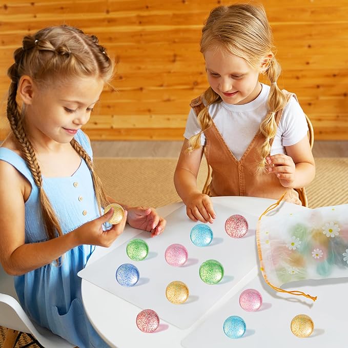 JOYIN 24 PCS Glitter Bouncy Balls, 6 Styles 32mm Assorted Bouncy Balls Bulk with Storage Bag, Bounce Toys for Kids Party Favors Birthdays Gifts Goodie Bags Stuffers Carnival Prizes-BubblyBeeBaby