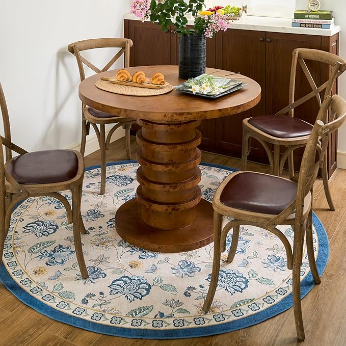 jinchan 6ft Floral Round Rug for Dining Room Washable Living Room Rug Vintage Romance Design Non Slip Indoor Floor Cover Lightweight Low-Profile Throw Carpet for Bedroom Porch Patio, Blue/Beige-BubblyBeeBaby