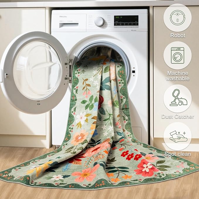 10x12 Area Rugs for Living Room: Floral Washable Rug Vintage Large Soft Boho Non-Slip Carpet Indoor Stain Resistant Low Pile Carpets for Bedroom Dining Room Farmhouse Nursery Hallway Home Office Green-BubblyBeeBaby