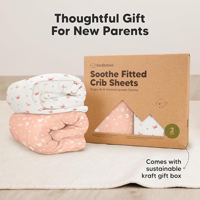 KeaBabies 2-Pack Organic Crib Sheets for Boys, Girls - 52x28 Fitted Crib Mattress Sheet Neutral, Breathable Jersey Cotton Cover for Baby Bed, Toddler Mattress, Soft & Cute Prints (Butterflies)-BubblyBeeBaby