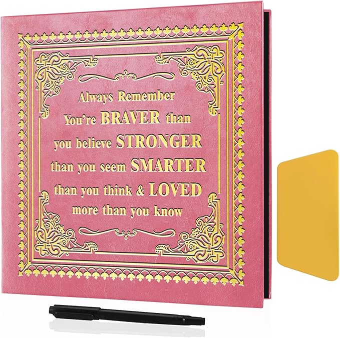 Inspirational Leather Photo Album,Magnetic Self-Stick Page Photo Album,Family Album,Hand Made DIY Albums Holds 3x5, 4x6, 5x7, 6x8 Photos (pink-always remember)-BubblyBeeBaby