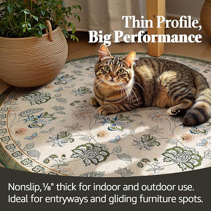 jinchan 7ft Floral Round Rug for Dining Room Washable Living Room Rug Vintage Romance Design Non Slip Indoor Floor Cover Lightweight Low-Profile Throw Carpet for Bedroom Porch Patio, Green/Beige-BubblyBeeBaby