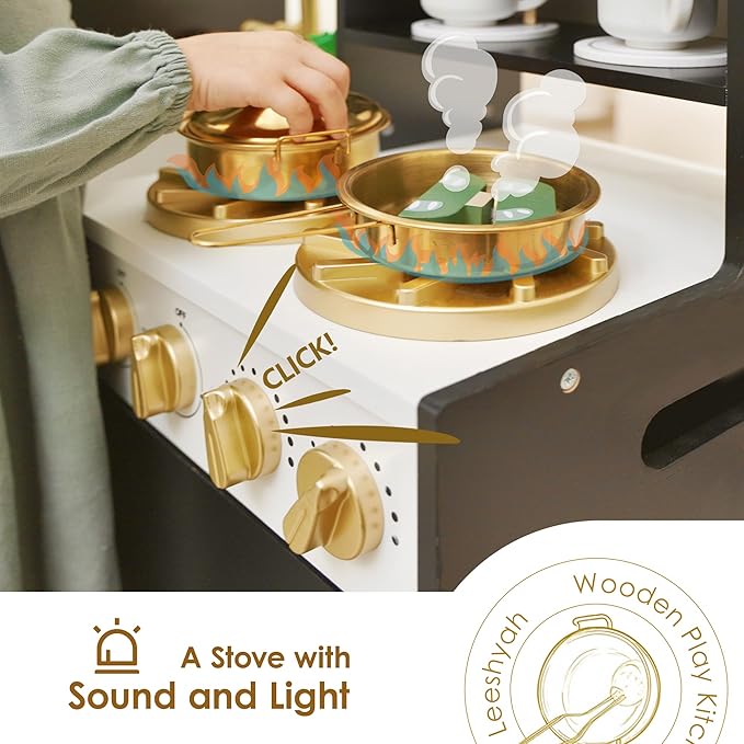 Interactive Wooden Play Kitchen for Kids 3+ Realistic Stove Sounds & Ice Maker Pretend Playset with 12 Kitchen Accessories Montessori Toy-BubblyBeeBaby