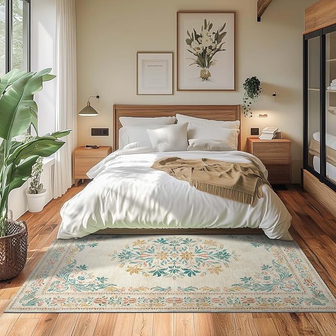 jinchan Floral 5x7 Area Rugs for Nursery - Machine Washable Vintage Distressed Design Soft Ultra-Thin Low-Pile Non-Slip Kids Carpet for Bedroom Living Room Dining Room Home Office (5x7ft,Apricot)-BubblyBeeBaby