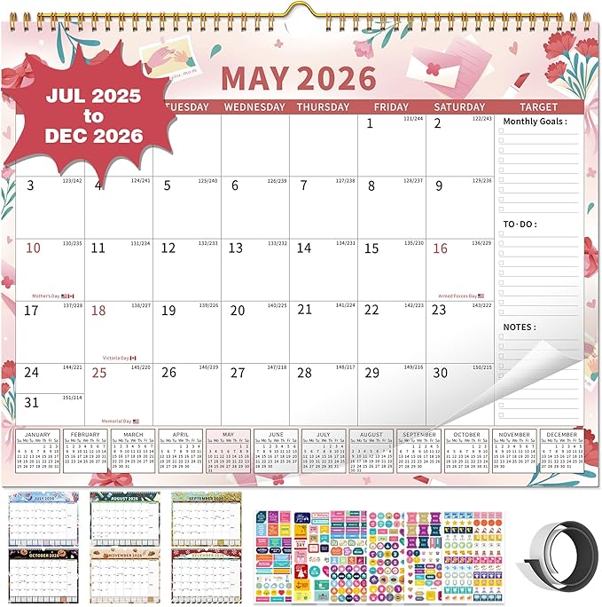 2025-2026 Calendar, 18 Month Wall Calendar 2025-2026 Hanging Spiral Bound Magnetic Fridge Desk Calendars 15" x 12", Jul 2025 - Dec 2026, A- Small Colorful-BubblyBeeBaby