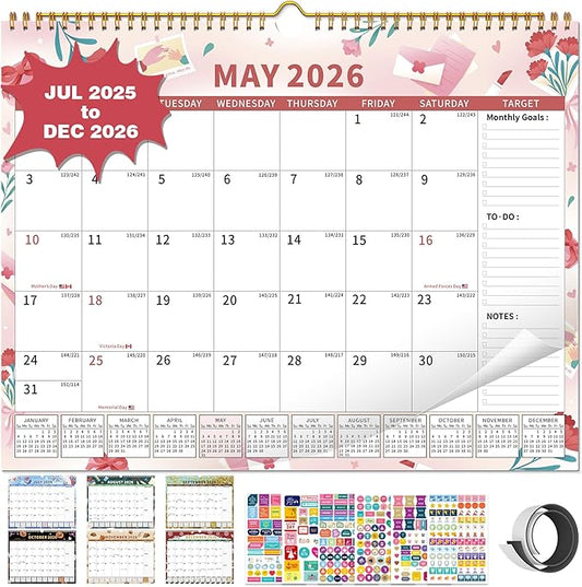 2025-2026 Calendar, 18 Month Wall Calendar 2025-2026 Hanging Spiral Bound Magnetic Fridge Desk Calendars 15" x 12", Jul 2025 - Dec 2026, A- Small Colorful-BubblyBeeBaby