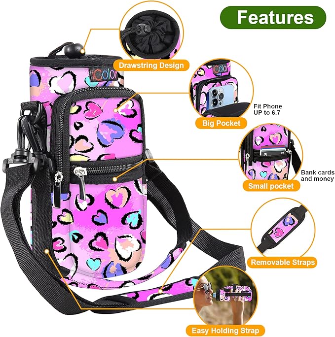 icolor Water Bottle Carrier Bag with Strap 25/32/40 oz Crossbody Bottle Holder with Phone Pocket Sling Sleeve Insulated Neoprene Water Bottle Pouch for Walking Travelling-BubblyBeeBaby