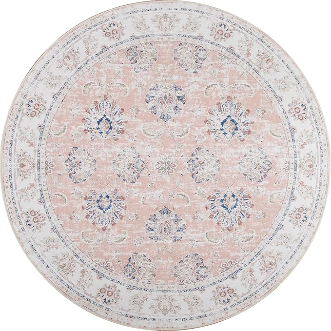jinchan Round Rug 4ft Area Rugs Vintage Floral Distressed Design - Machine Washable Non-Slip Low-Pile Ultra-Thin Circle Rug for Entryway Bedside Living Room Dining Room Bedroom (4' Round,Pink)-BubblyBeeBaby