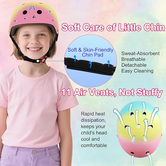 Kids Bike Helmet with DIY Stickers and Knee Pads Elbow Pads Wrist Guard Set for Ages 3-8-14 Toddler Boys Girls Helmet for Roller Skates Cycling Skateboarding Bicycle Scooter-BubblyBeeBaby