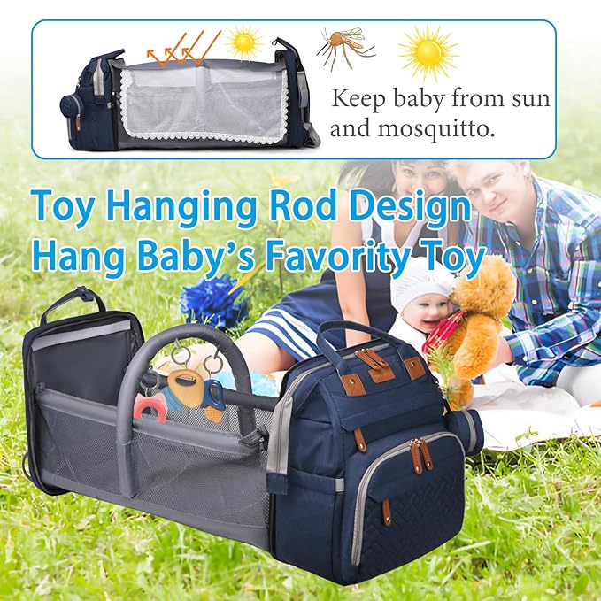 Jeryswet Baby Diaper Bags with Changing Station, Waterproof Large Capacity Diaper Bag Backpack for Moms Dads with USB Charging Port and Stroller Straps, Baby Shower Gifts, Blue-BubblyBeeBaby