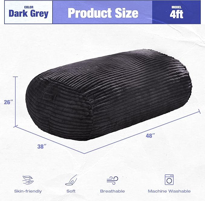 Hobestluk 4FT Bean Bag Chairs Adult Bean Bag with Portable Handle Comfy Large Bean Bag Chair with Removable Cover for Living Room Bedroom or Reading Nook (Stripe Dark Grey, 4FT)-BubblyBeeBaby