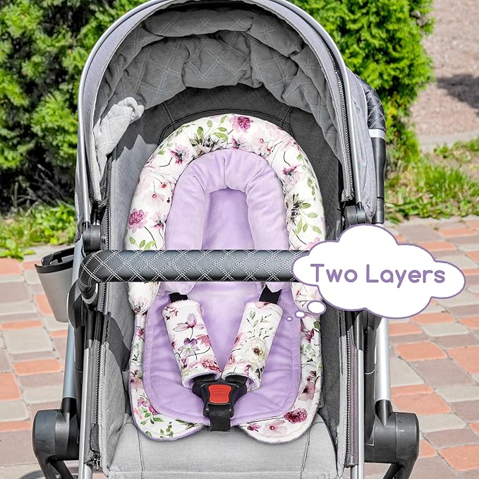 GFU Baby Car Seat Head Support for Newborn, 2 in 1 Infant Car Seat Head Body Support with Strap Pads, Soft Stroller Cushion Pillow Insert for Girls and Boys, Fits for Stroller, Swing, Purple Floral-BubblyBeeBaby