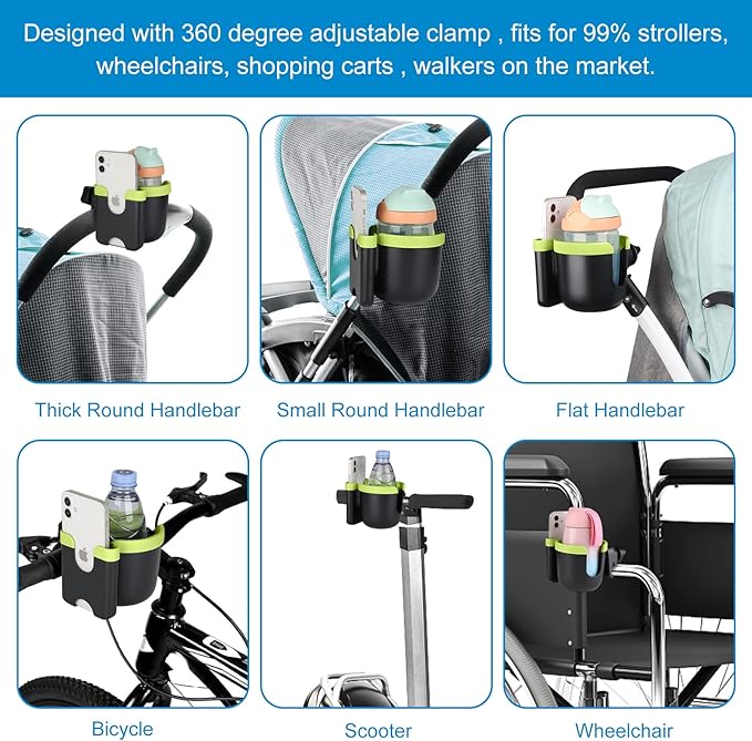 Accmor Stroller Cup Holder with Phone Holder, Bike Cup Holder, Universal Cup Holder for Uppababy Nuna Doona Strollers, 2-in-1 Cup Phone Holder for Stroller, Bike, Wheelchair, Walker, Scooter-BubblyBeeBaby