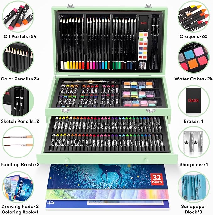 iBayam Art Supplies, 150-Pack Deluxe Wooden Art Set Crafts Drawing Painting Kit with 1 Coloring Book, 2 Sketch Pads, Creative Gift Box for Adults Artist Beginners Kids Girls Boys-BubblyBeeBaby