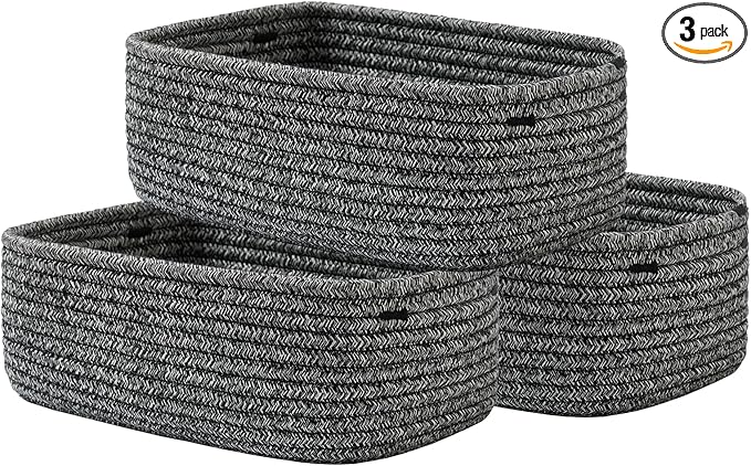 KALLAX Small Woven Basket, 12 x 8 x 4.5 Inches, Storage Basket for Organizing, Cute Small Rope Shelf Closet Cube Storage Bins Baskets for Shelves, Dog Toy Gift Baskets Empty, 3 Pack Mixed Black-BubblyBeeBaby