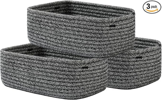 KALLAX Small Woven Basket, 12 x 8 x 4.5 Inches, Storage Basket for Organizing, Cute Small Rope Shelf Closet Cube Storage Bins Baskets for Shelves, Dog Toy Gift Baskets Empty, 3 Pack Mixed Black-BubblyBeeBaby