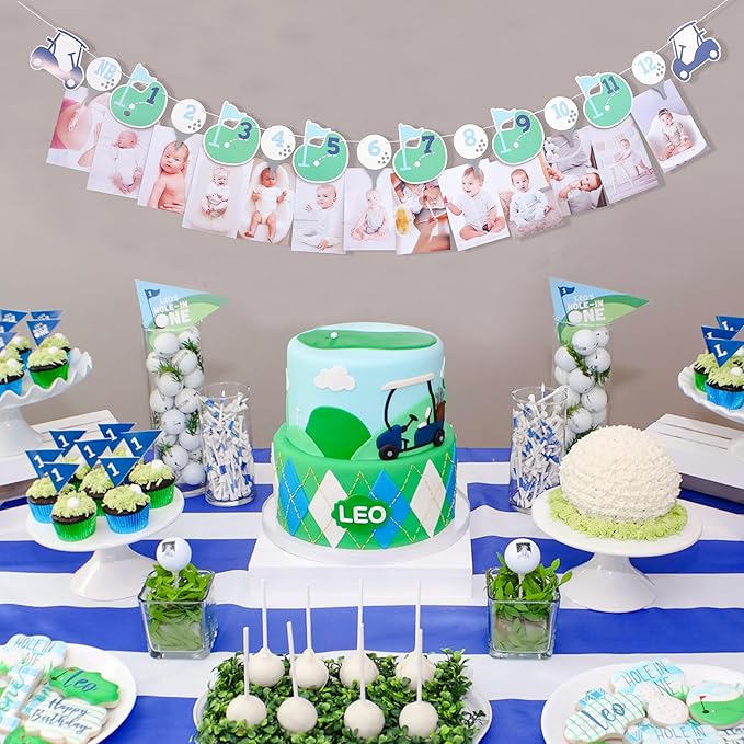 Hole In One First Birthday - Golf 1st Birthday Decorations,Golf 12 Month Photo Banner,Golf 1st Year Photo Banner One High Chair Banner-BubblyBeeBaby