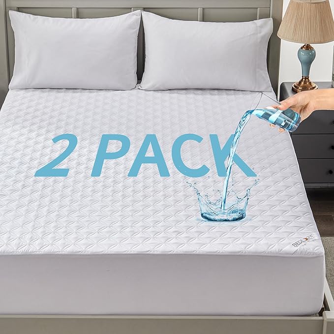 2 Pack Waterproof Mattress Protector, Twin Size Mattress Pad with Deep Pocket Fitted Up to 6-15 inches, Soft Noiseless Single Bed Mattress Cover for Bedroom, Dorm Room-BubblyBeeBaby