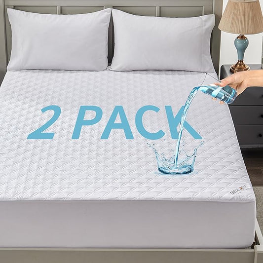 2 Pack Waterproof Mattress Protector, Twin Size Mattress Pad with Deep Pocket Fitted Up to 6-15 inches, Soft Noiseless Single Bed Mattress Cover for Bedroom, Dorm Room-BubblyBeeBaby