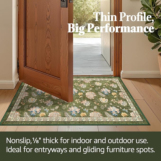 jinchan 2x3 Floral Rug for Entryway Washable Kitchen Rug Vintage Romance Design Small Mat Non Slip Indoor Doormat Lightweight Low-Profile Throw Carpet for Entrance Bathroom Laundry Room, Green-BubblyBeeBaby
