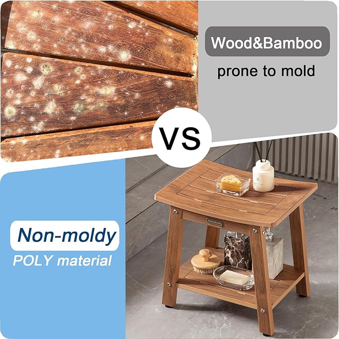 HDPS Shower Bench Seat for Inside, Waterproof Poly Lumber Shower Stool for Shaving Legs, Bathroom Foot Rest with Storage Shelf, Plastic Bath Chair Seat for with Adjustable Feet, No Maintenance, Brown-BubblyBeeBaby