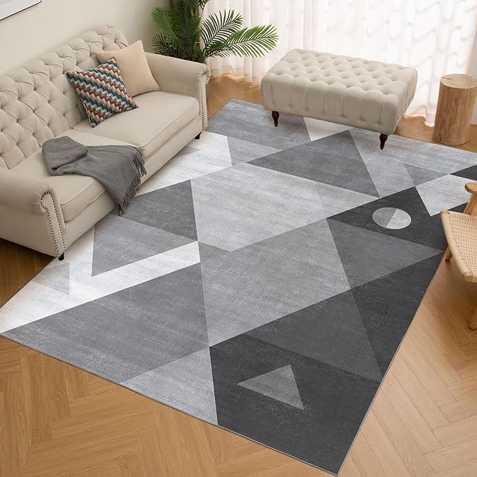 HOMFINE Washable Modern Area Rug - Geometric Style 5x7 Rugs for Living Room, Bedroom, Machine Washable Rug Soft Non Slip Non Shedding Area Rug - Grey, 5'x7'-BubblyBeeBaby