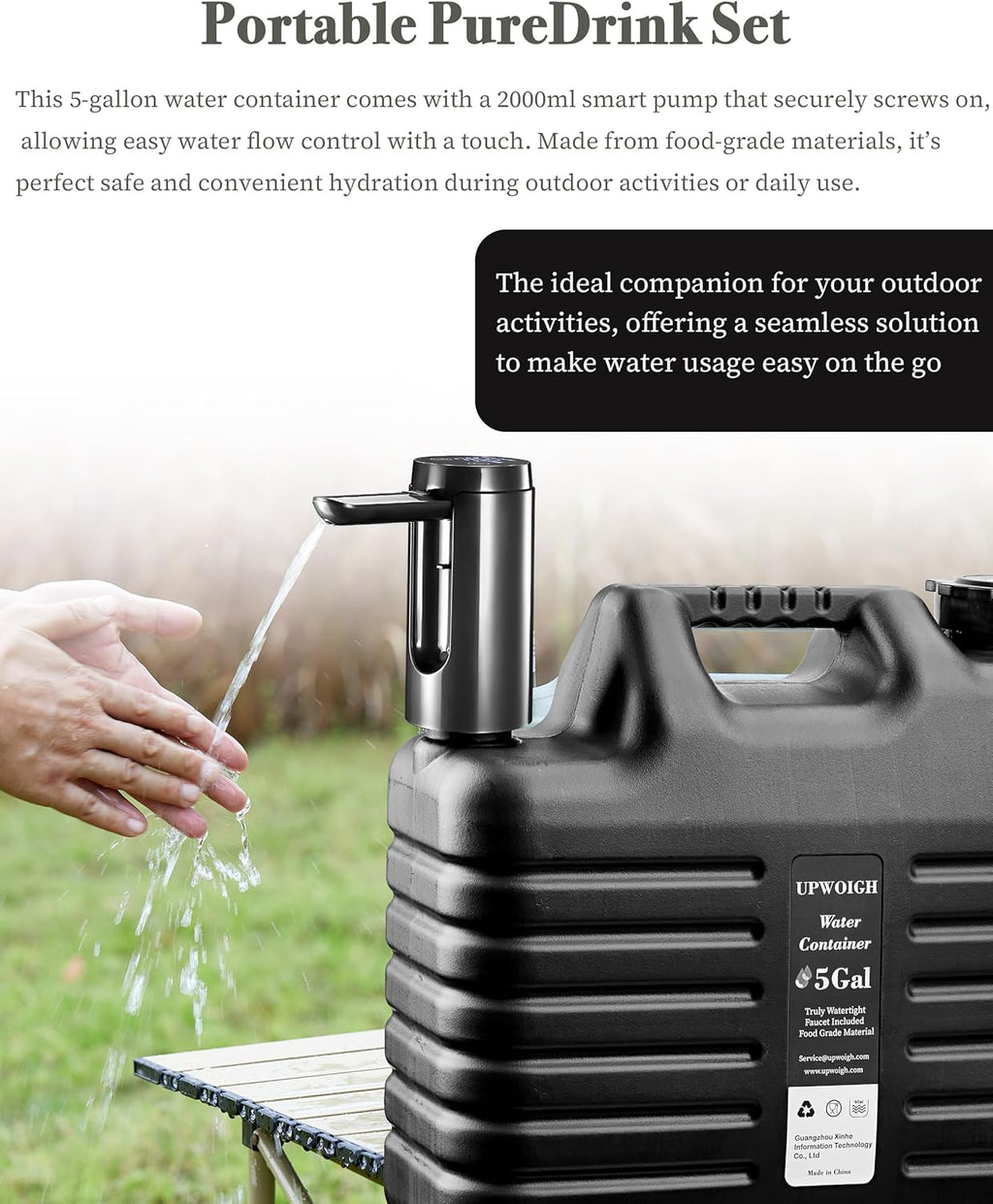Portable 5 Gallon Water Jug with Automatic Touch Control Pump,Truly No Leakage Water Container with Spigot,Type-C Rechargeable Black Water Pump Gear for Outdoors Camping Hiking