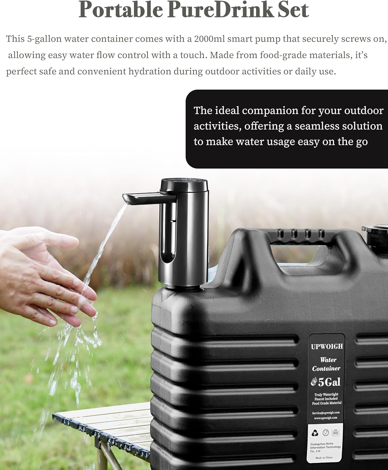 Portable 5 Gallon Water Jug with Automatic Touch Control Pump,Truly No Leakage Water Container with Spigot,Type-C Rechargeable Black Water Pump Gear for Outdoors Camping Hiking
