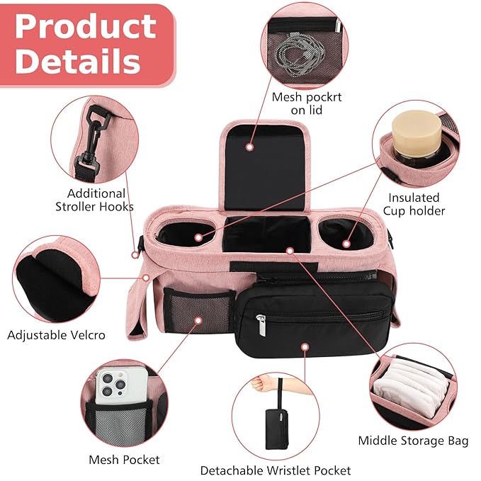 Accmor Universal Stroller Organizer with Insulated Cup Holder Detachable Phone Bag and Shoulder Strap,Stroller Bag Caddy Organizer Fits for Uppababy, Baby Jogger, Britax Strollers-BubblyBeeBaby