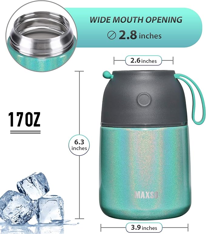 Insulated Food Jar for Hot & Cold Food for Kids Adult,17 oz Soup Thermo Hot Food Containers for Lunch, Triple Layer Insulation Stainless Steel Food Jar with Spoon (GPeacock)-BubblyBeeBaby