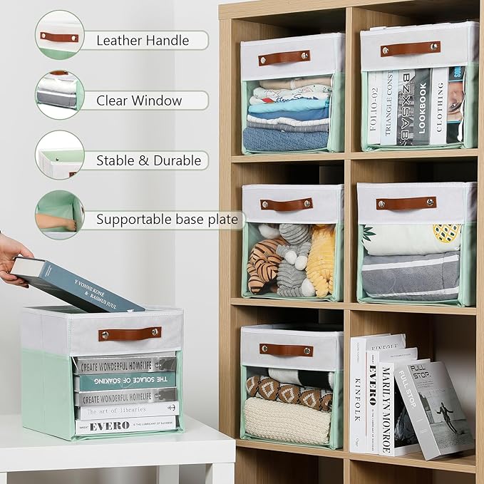 HNZIGE Clear Storage Cubes Bins 11 x 11, Fabric Storage Cube Bins for Storage Organizer,Shelf Storage Bin for Organizing, Cubby Foldable Cube Organizer Bin for Storage Blanket Home(White Green 6PCS)-BubblyBeeBaby