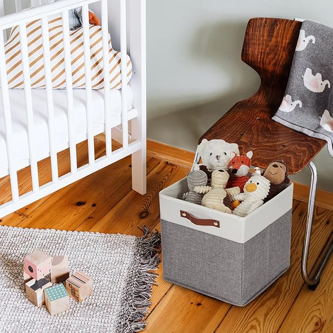 HNZIGE Foldable Storage Bins 13x13 Storage Cubes Set of 4 Fabric Linen Storage Baskets for Shelves Drawer with Handles Organizer for Shelves Toy Nursery Closet Bedroom-BubblyBeeBaby