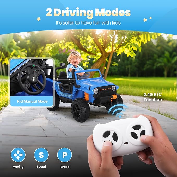 24V Kids Toddler Ride On Truck Electric Car Kids Ride On Truck Car Electric Jeep Off-Road Truck for Parent Remote Control LED Lights Music Powerful Wheels for Ages 3+(Blue)-BubblyBeeBaby