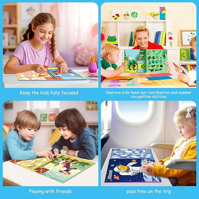 homicozy 4PCS Sticker Paint Books for Kids Ages 4-10,Dinosaur Astronaut Ocean Animals Designs Paint by Stickers,Sticker by Numbers,Party Birthday Gifts for Boys 4-10,Create 40 Pictures at a Time-BubblyBeeBaby