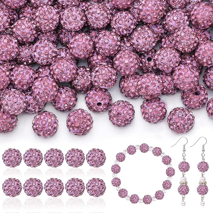 160pcs 10mm Rhinestone Beads for Jewelry Making, Light Purple Shiny Round Disco Beads Bulk, Sparkle Crystal Clay Christmas for Bracelet Baseball Necklace Earring Crafting and DIY-BubblyBeeBaby