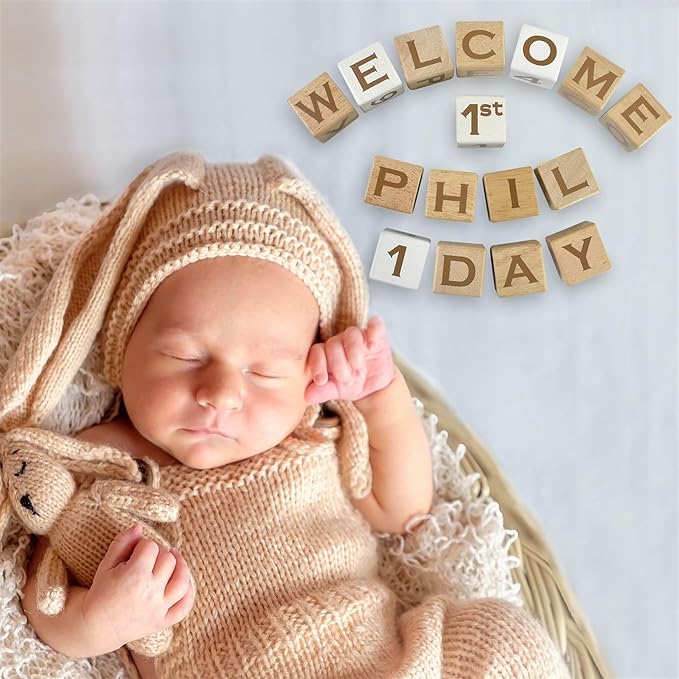 I'm Solid Wood Baby ABC Alphabet Milestone Age Blocks, Personalized Own Name, Gender Neutral, Newborn Gifts & Keepsakes for Picture Props (1.4" / 16 Pcs/Brown)-BubblyBeeBaby