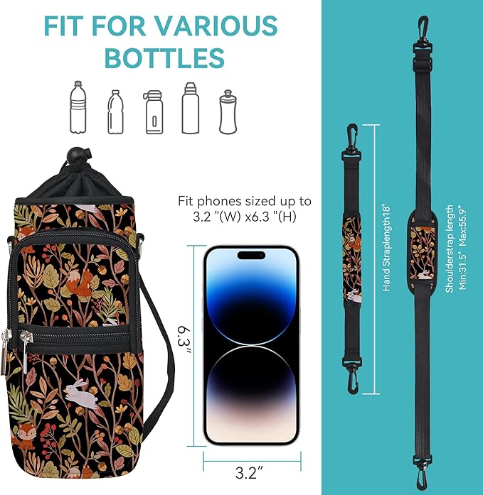 25/32/40/64oz Water Bottle Bag Holder Carrier-Insulated Crossbody Sling Case Sleeve with Strap & Pockets for Men Women Gym Cycling Travel Walking Hiking Camping-BubblyBeeBaby